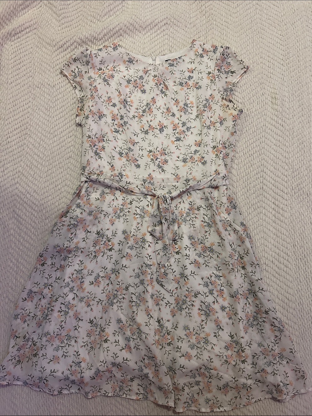 White Floral Tie-Waist Dress with Pink Accents